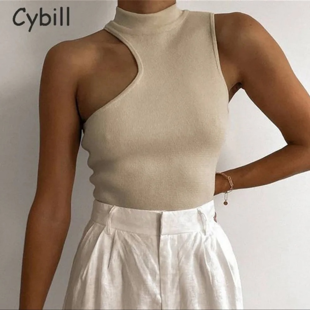 Beige Ribbed Asymmetrical Cut Mock Neck Top